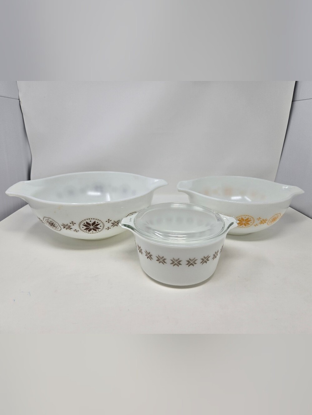 VINTAGE PYREX TOWN & COUNTRY CINDERELLA BOWL #444 #443 CASSEROLE DISH SET OF 3